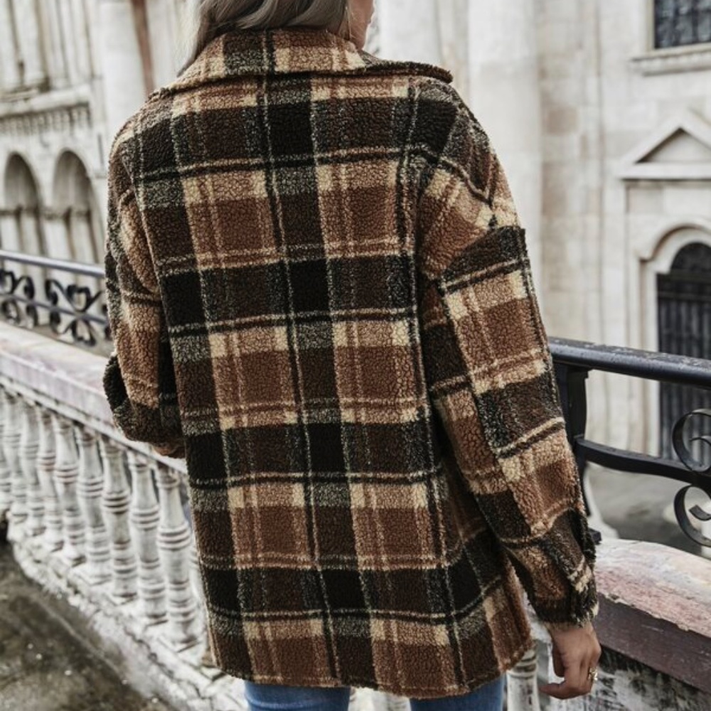 Cozy Brown Black teddy Jacket Coat Pockets - Picture 3 of 4